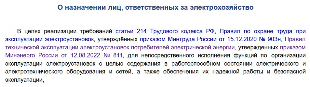 приказ о назначении за электрохозяйство